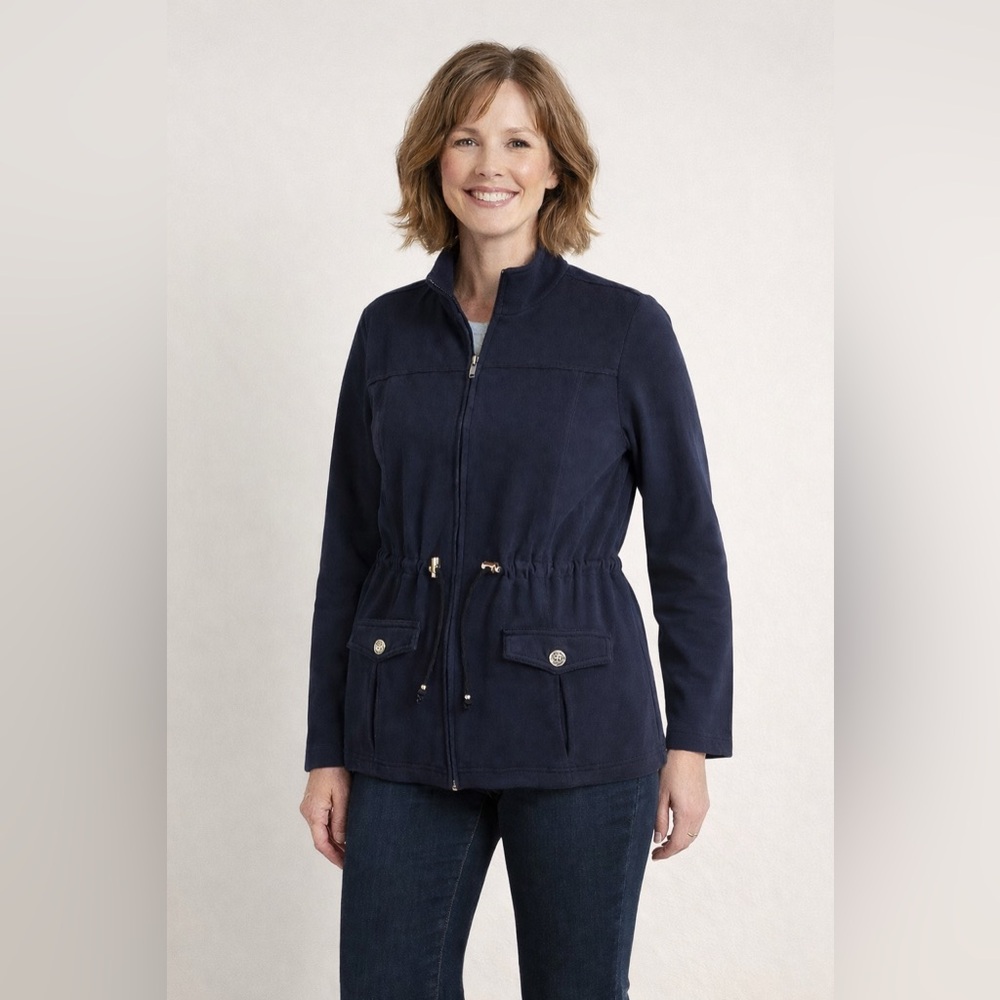 Karen Scott Petite Navy Zip Up Jacket Drawstring Waist Utility PS
